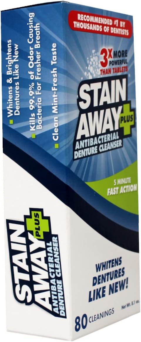 Stain Away Plus Limpiador antibacteriano para dentaduras, 3 veces m...