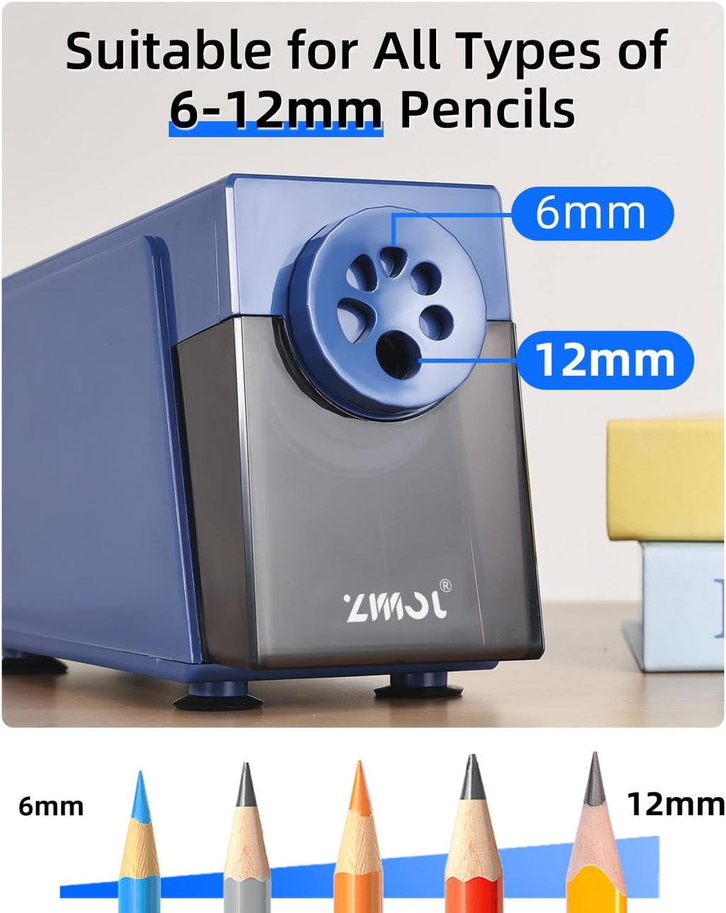 Sacapuntas eléctrico, resistente para aula, 0.236-0.472 in, azul