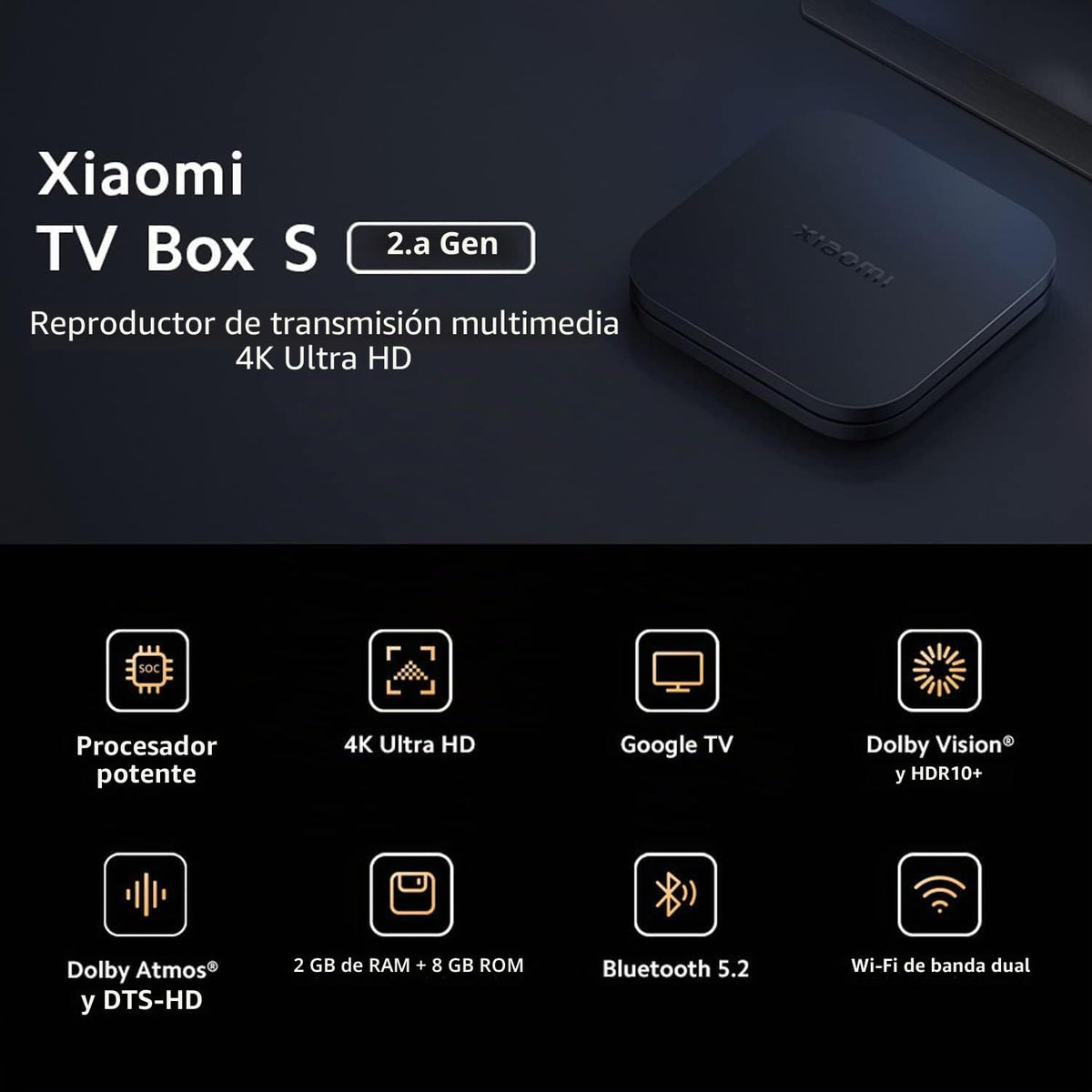 Xiaomi Android Google TV Box S 3ª generación, 4K UHD TV Box Dolby Vision Atmos y DTS:X, 2 GB + 32 GB de almacenamiento WiFi 6 HDMI 2.1 360° Bluetooth Control remoto de voz para televisión, Internet Smartphones Streaming