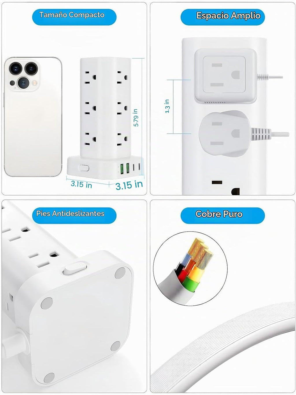 Torre de tira de alimentación con múltiples tomas, protector de sobretensión de enchufe plano, cable de extensión con 12 salidas de CA, 4 puertos USB (2 USB C), cable de 6 pies, protector contra