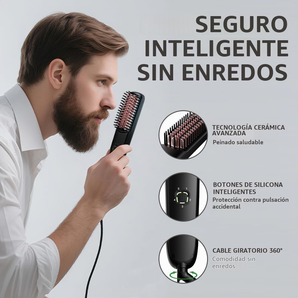 Alisador de barba para hombres, cepillo térmico para barba, peine iónico para barba con 5 ajustes de calor, alisado rápido antiquemaduras para barbas rizadas gruesas, kit de aseo de viaje