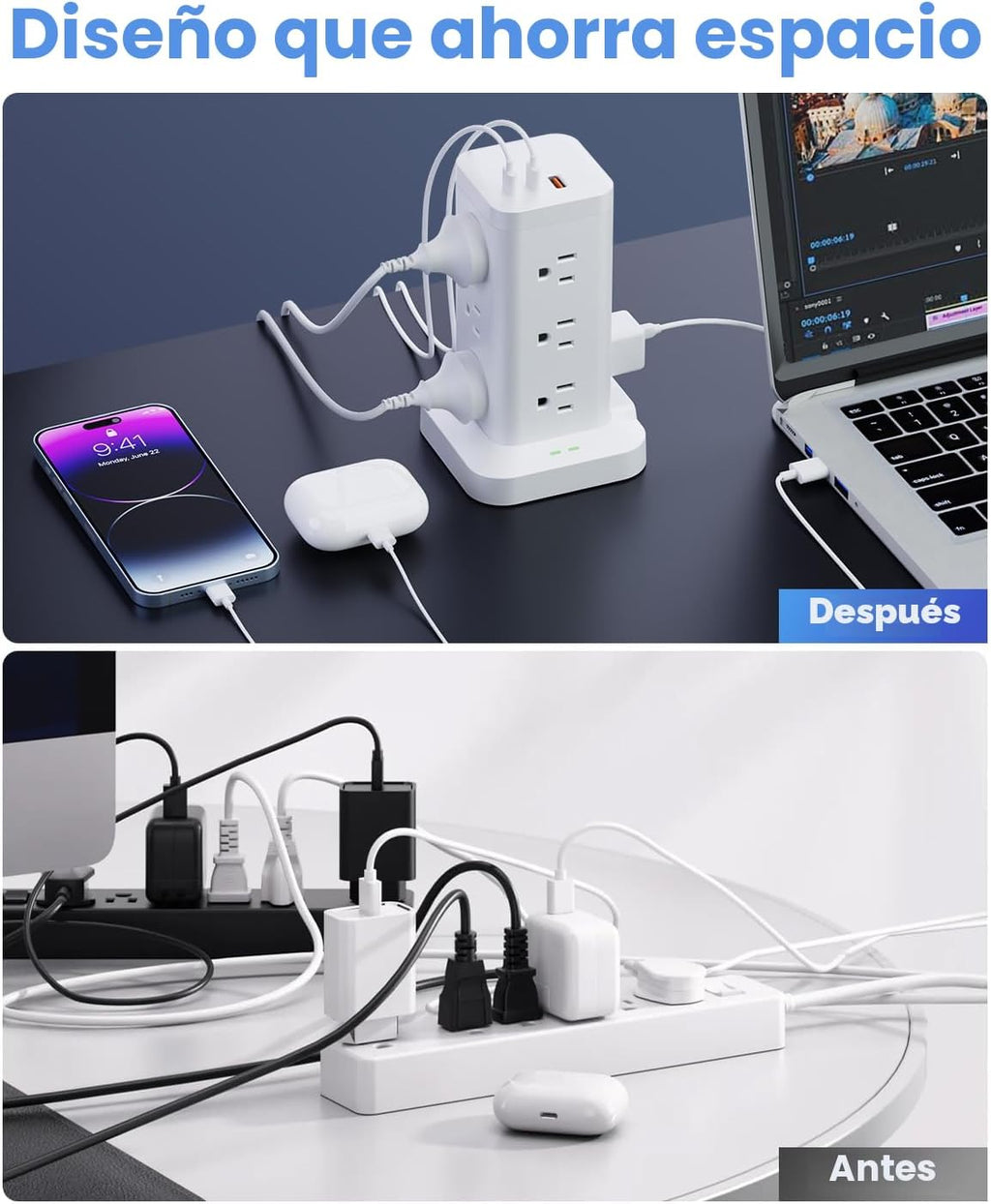 Regleta de alimentación 12AC 3USB, protector contra sobretensiones, cable de extensión de 10 pies, color blanco, 1