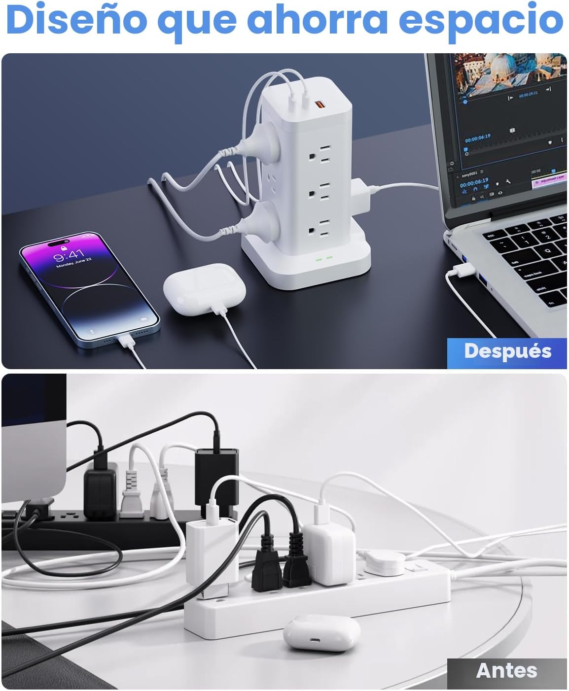 Regleta de alimentación 12AC 3USB, protector contra sobretensiones, cable de extensión de 10 pies, color blanco, 1