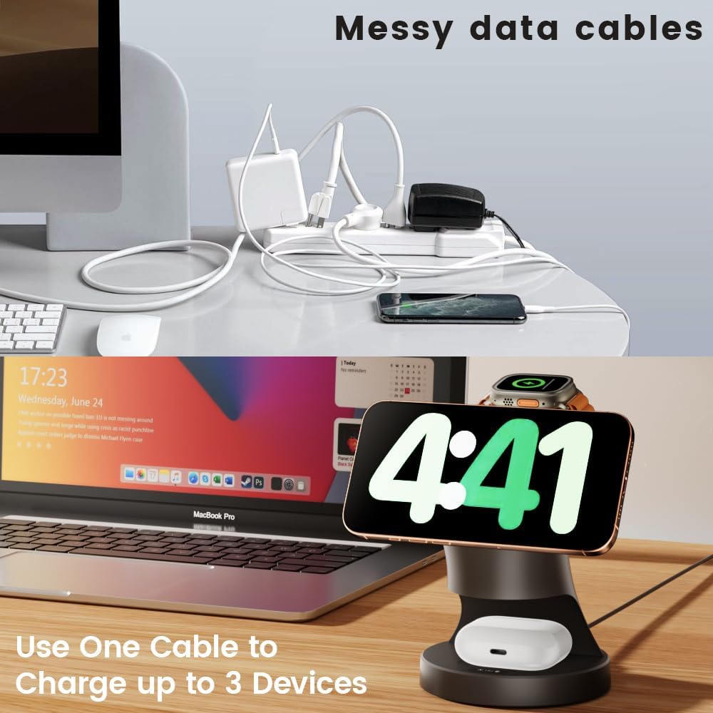 Estación de carga inalámbrica 3 en 1 para dispositivos Apple, cargador Magsafe para iPhone 17 16 15 14 13 12 Pro/Max/Plus/Mini estación de carga inalámbrica para AirPods 2/3/4/Pro iWatch Ultra11/10/9/8/7/SE/6/5/4/3/2