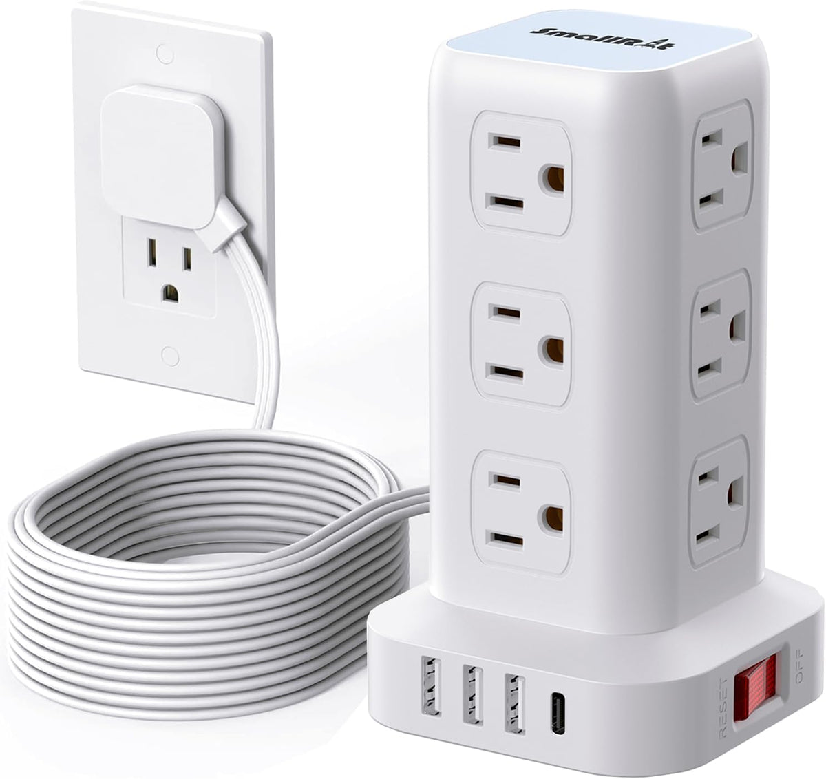 Extension Cord con Multiple Outlets, SMALLRT Flat Plug Power Strip Tower, Outlet Extender con USB 12 AC Outlets, 10FT Ultra Thin Extension Cord para Home Office, Overload Protection