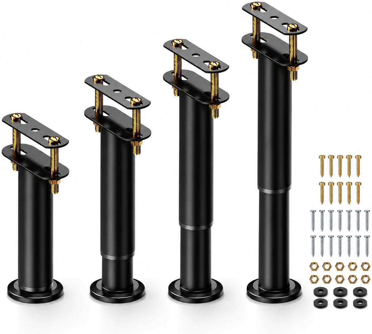 PMV Paquete de 4 patas de soporte de cama ajustables, elevadores de cama de acero al carbono resistentes de 7.08 a 12.6 pulgadas, patas de soporte para marco de cama para listones de madera y marcos