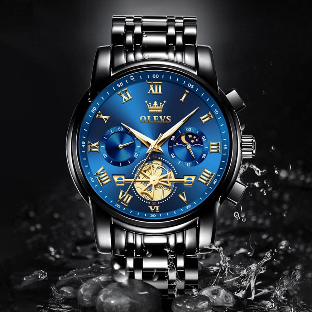 OLEVS Relojes para hombre, resistente al agua, de lujo, gran cara, reloj analógico de cuarzo de acero inoxidable, relojes de vestir analógicos para hombre, luminoso, multifuncional, reloj de hombre