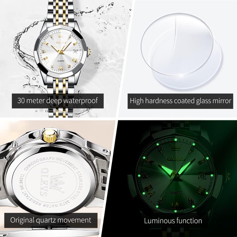 OLEVS Reloj Analógico de Cuarzo para Mujer, Acero Inoxidable Plateado de Dos Tonos, Moda, Resistente al Agua, Luminoso, con Fecha y Día, Relojes de Pulsera para Damas