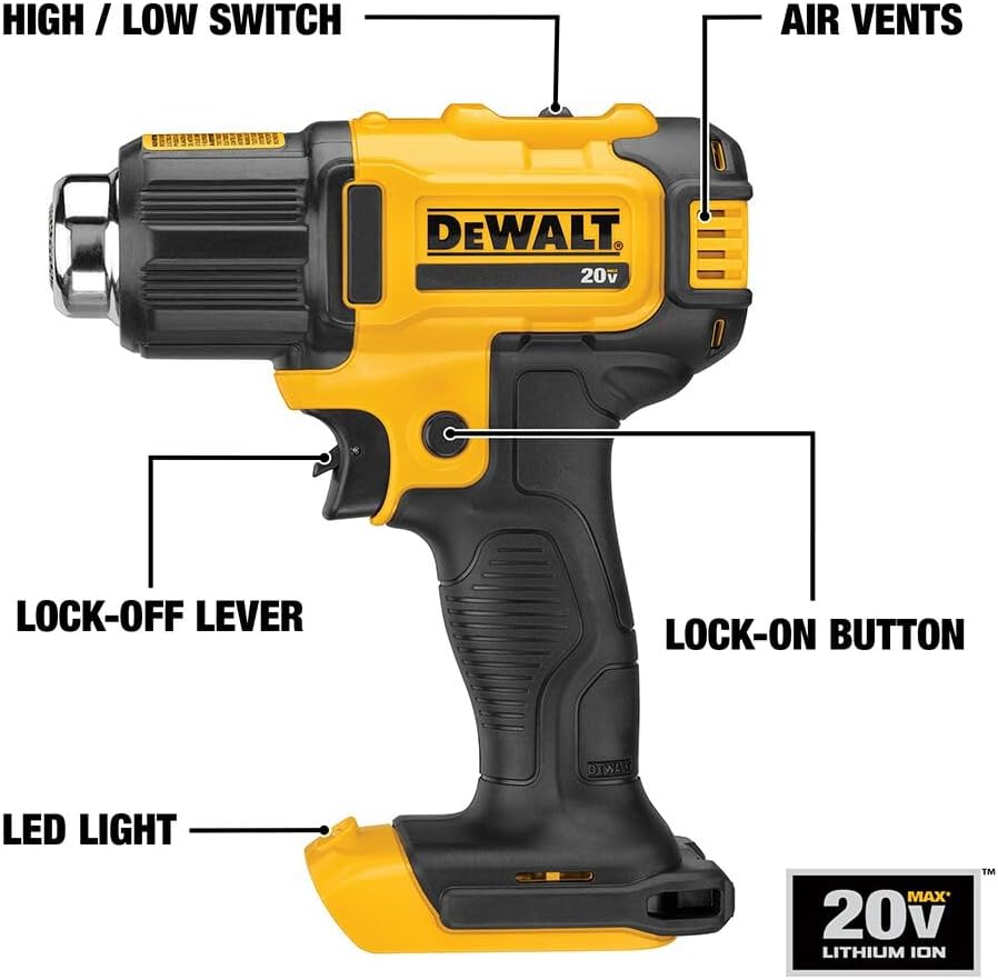 DEWALT Pistola de calor máxima de 20 V, inalámbrica, hasta 990 grados, 42 minutos de tiempo de funcionamiento, luz LED, pistola de calor con accesorios de boquilla plana y de gancho