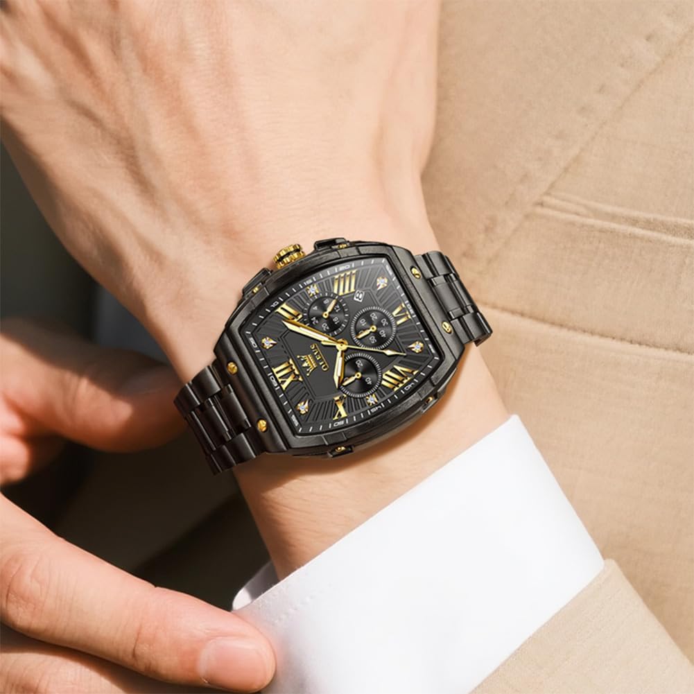 OLEVS Reloj para Hombres Analógico Cuarzo Lujo Diamante Resistente al Agua Cronógrafo Acero Inoxidable Carita Grande Cuadrado Fecha Fase Lunar Romano Relojes de Vestir para Hombres