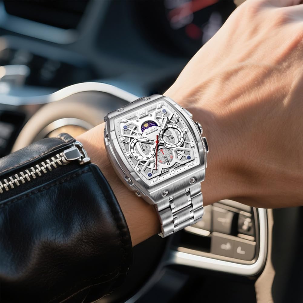 OLEVS Reloj para Hombres Analógico Cuarzo Lujo Diamante Resistente al Agua Cronógrafo Acero Inoxidable Carita Grande Cuadrado Fecha Fase Lunar Romano Relojes de Vestir para Hombres