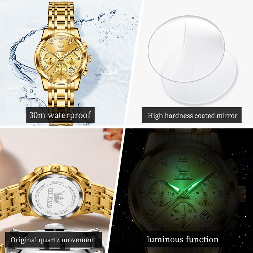 OLEVS Relojes para mujeres de negocios, con diamante, pulsera de acero inoxidable, fecha, impermeable, tono bicolor para mujer