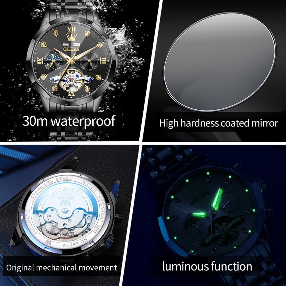 OLEVS Relojes de Hombre Esqueleto Automático Lujo de Negocios Diamante Autoentregado (Self Winding) Reloj de Pulsera de Acero Inoxidable con Calendario