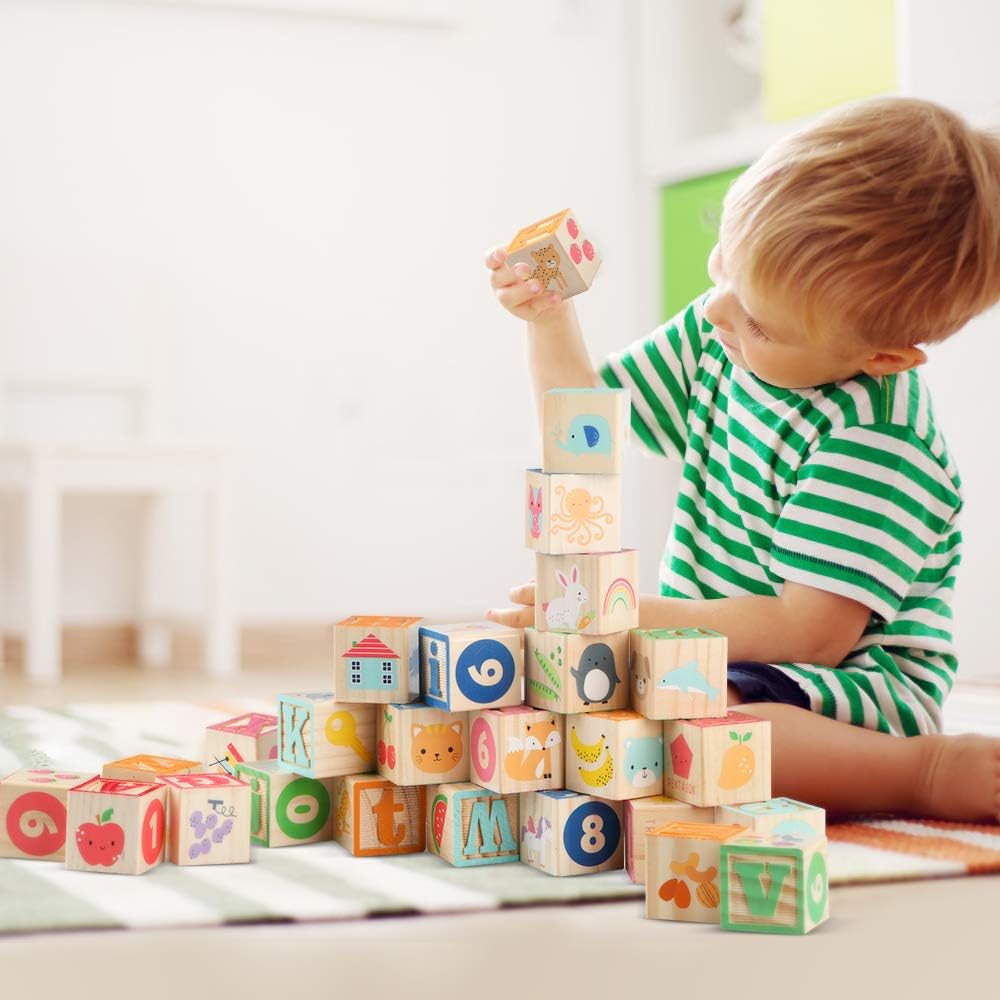 ABC Bloques de construcción de madera para niños pequeños de 1 a 3 años, 26 bloques apilables del alfabeto y números, juguetes educativos de aprendizaje para niños y niñas, regalos de 1.65