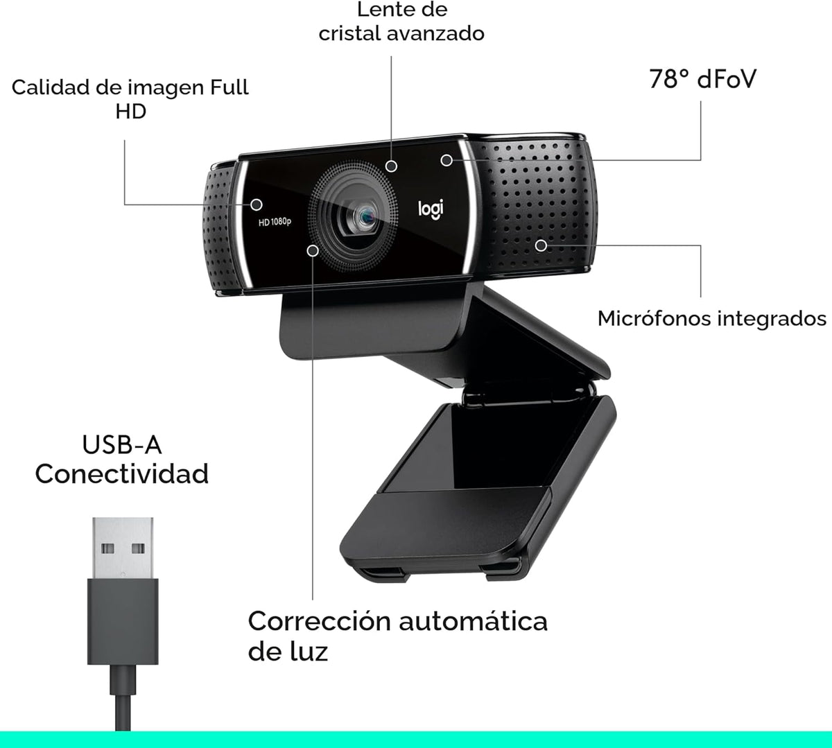 Logitech Cámara web C922x HD Pro para PC, Full HD 1080p\/30fps o vi...