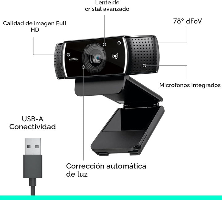 Logitech Cámara web C922x HD Pro para PC, Full HD 1080p\/30fps o vi...
