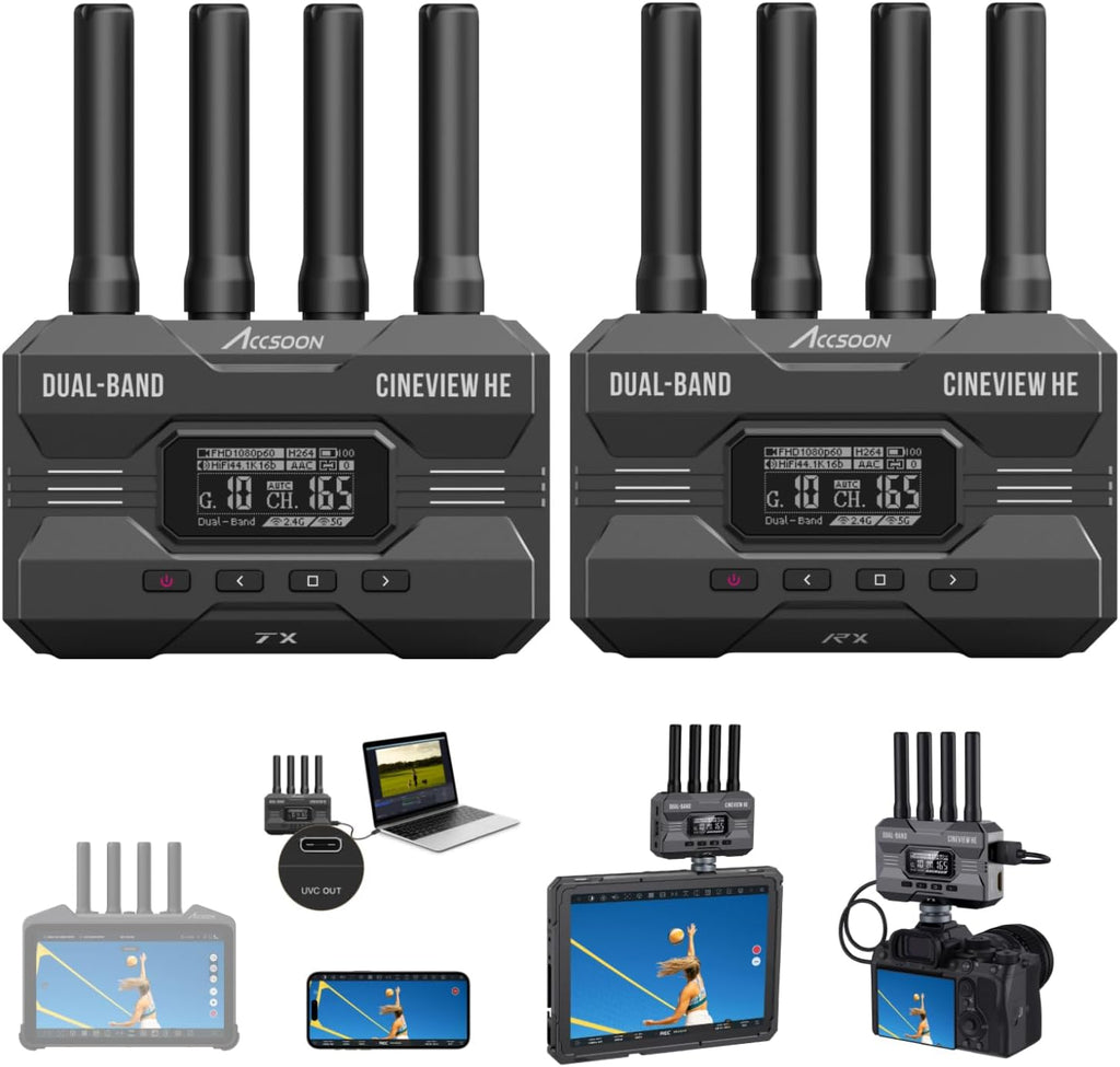 Accsoon CineView HE - Transmisor y receptor de video inalámbrico, 2.4+5 GHz, salida UVC para transmisión en vivo 1080p60 0.06s latencia de 1200 pies Rango de hasta 4 dispositivos de monitoreo, compatible con CineView M7 Pro/2 SDI/SE