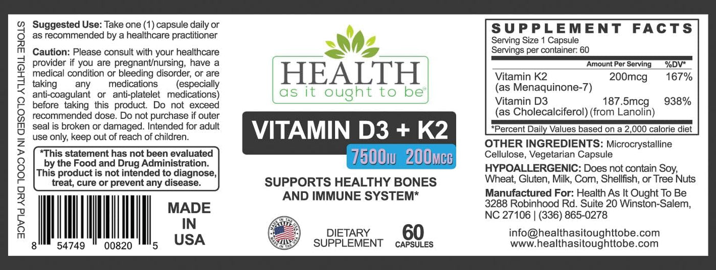 HAIOTB D3+K2: Vitamina D3 7500 UI (188mcg) + K2 200 mcg- 60 Cápsulas