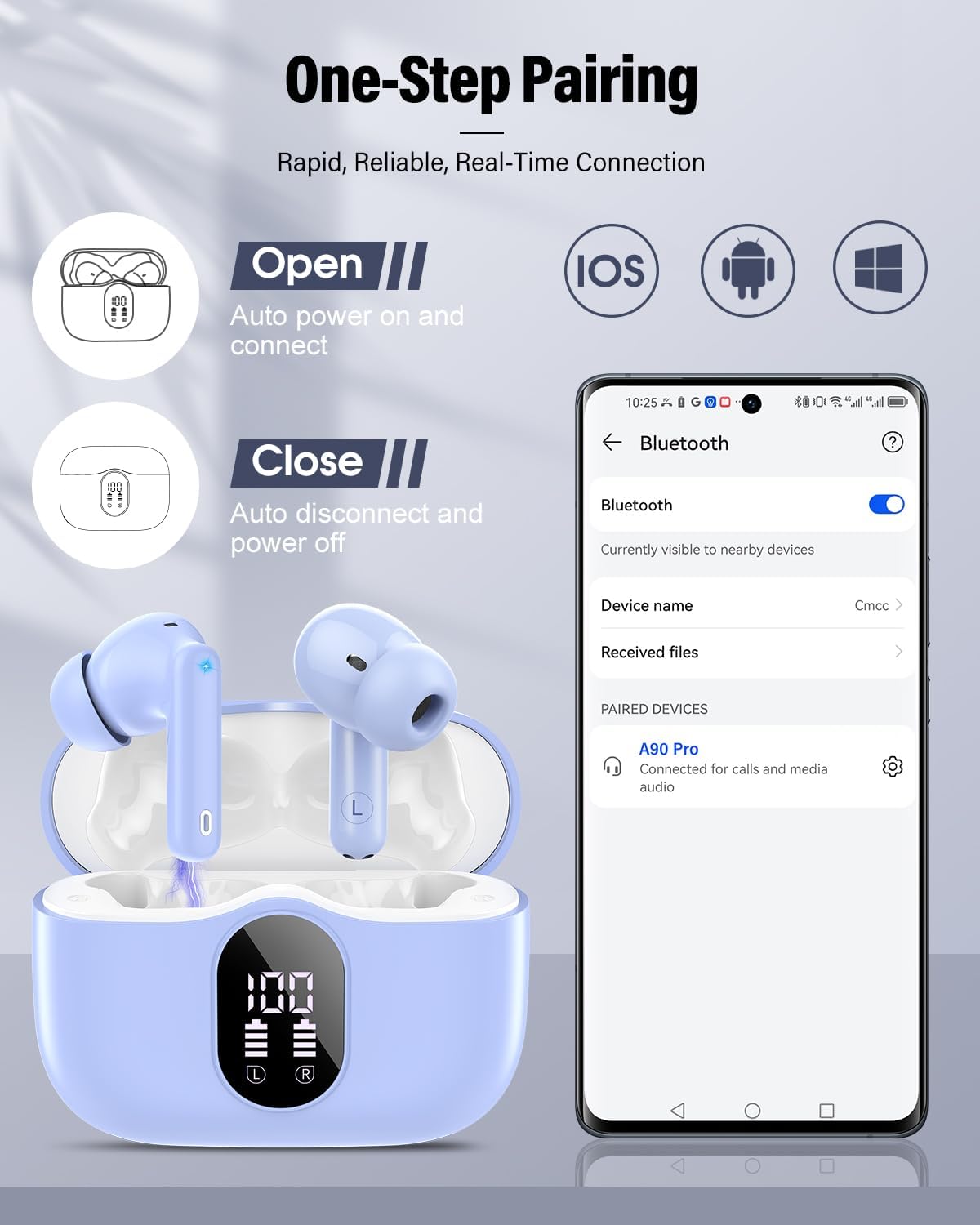 Auriculares inalámbricos, Bluetooth 5.4 Auriculares estéreo de bajos, Azul pálido
