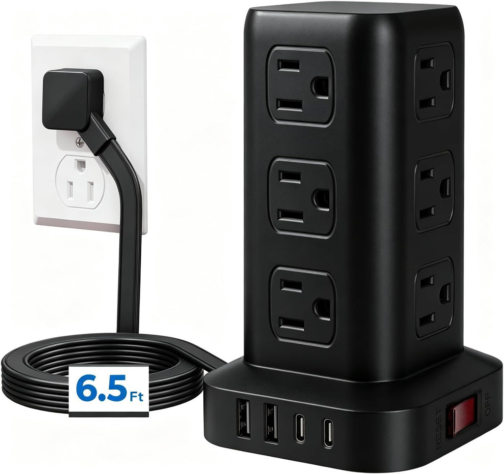 Regleta de alimentación de 6.5 pies, torre de regleta de alimentación con 4 puertos USB (2USB C), cable de extensión con 12 tomas de corriente alterna múltiples, suministros de oficina en casa