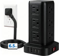 Regleta de alimentación de 6.5 pies, torre de regleta de alimentación con 4 puertos USB (2USB C), cable de extensión con 12 tomas de corriente alterna múltiples, suministros de oficina en casa