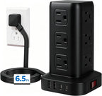 Regleta de alimentación de 6.5 pies, torre de regleta de alimentación con 4 puertos USB (2USB C), cable de extensión con 12 tomas de corriente alterna múltiples, suministros de oficina en casa