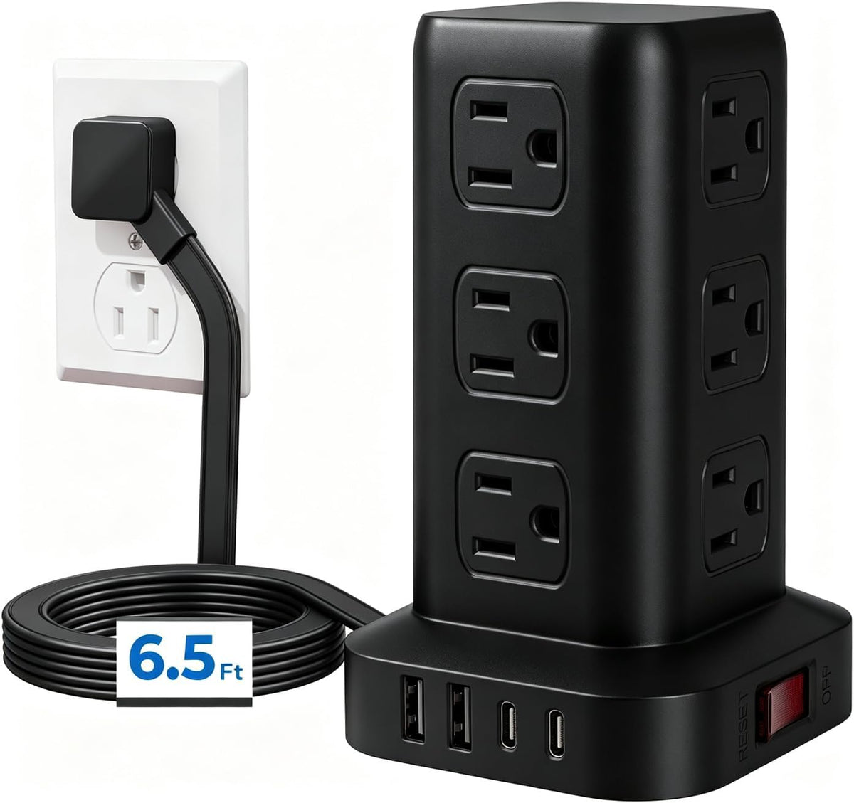 Regleta de alimentación de 6.5 pies, torre de regleta de alimentación con 4 puertos USB (2USB C), cable de extensión con 12 tomas de corriente alterna múltiples, suministros de oficina en casa