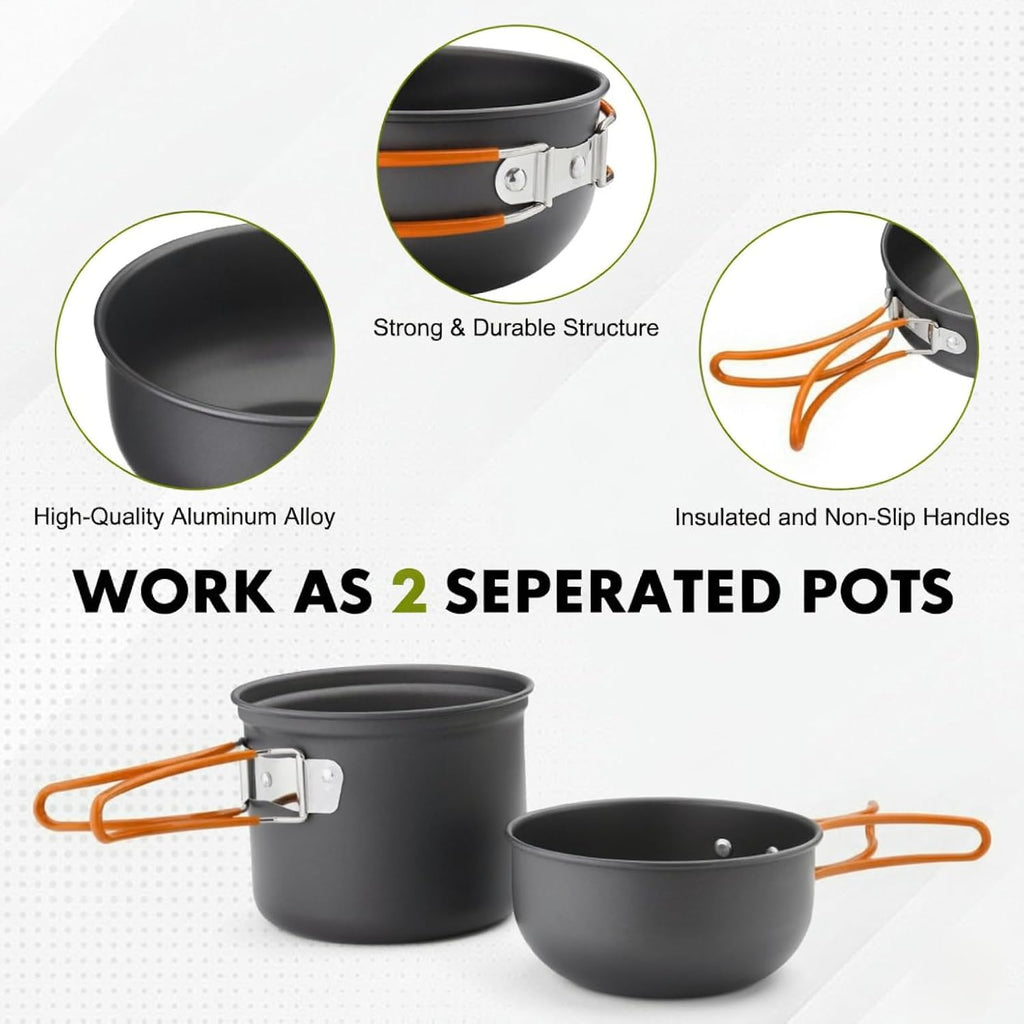 Juego de utensilios de cocina para acampar Backpacking, ollas de 0.33Gal y sartenes de 0.17Gal, taza SUS304 de 0.08Gal, tenedores, cuchillos y cucharas para senderismo, camping, cocina al aire libre, picnic, camping en solitario