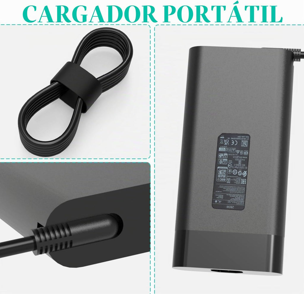 Adaptador de cargador de CA de 280 W 20 V 14 A para HP OMEN Gaming Laptop TPN-LA27 TPN-CA26 A280A011P PA-1281-08HT M94073-001 M94073-002 M95376-001 HP ZBook Fury G9 Fuente de alimentación para portátil Cordón