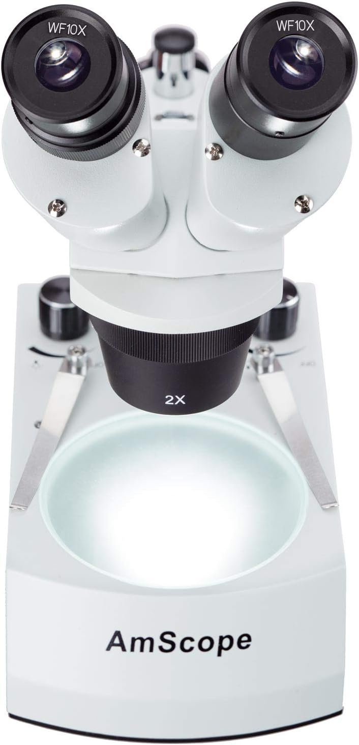 AmScope Microscopio estéreo binocular delantero SE306R-PZ, oculares WF10x y WF20x, aumento 10X-80X, objetivos 2X y 4X, fuente de luz halógena superior e inferior, soporte de pilar, 120V, blanco