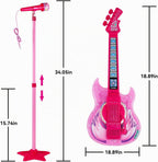 Juego de guitarra y micrófono para niñas, máquina de karaoke con música y luz, juguetes de micrófono con soporte, juguetes de guitarra de altura ajustable para niños, niños pequeños (rojo)