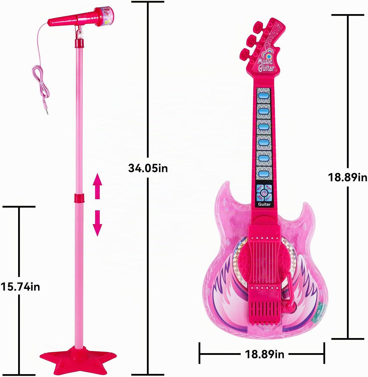 Juego de guitarra y micrófono para niñas, máquina de karaoke con música y luz, juguetes de micrófono con soporte, juguetes de guitarra de altura ajustable para niños, niños pequeños (rojo)