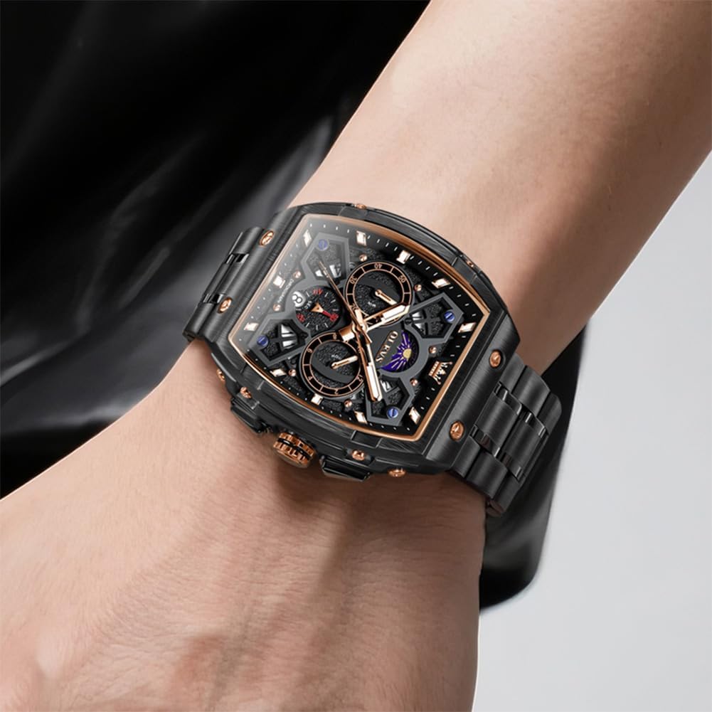 OLEVS Reloj para Hombres Analógico Cuarzo Lujo Diamante Resistente al Agua Cronógrafo Acero Inoxidable Carita Grande Cuadrado Fecha Fase Lunar Romano Relojes de Vestir para Hombres