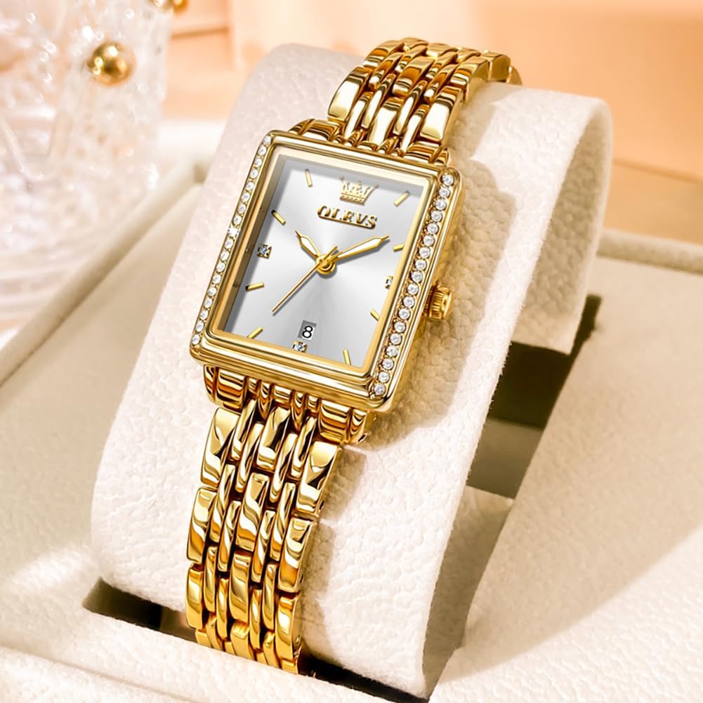 OLEVS Reloj de mujer de oro de acero inoxidable, reloj de cara cuadrada pequeña con decoración de diamantes, reloj de vestir de cuarzo analógico de lujo para mujer, reloj de pulsera impermeable con