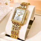 OLEVS Reloj de mujer de oro de acero inoxidable, reloj de cara cuadrada pequeña con decoración de diamantes, reloj de vestir de cuarzo analógico de lujo para mujer, reloj de pulsera impermeable con