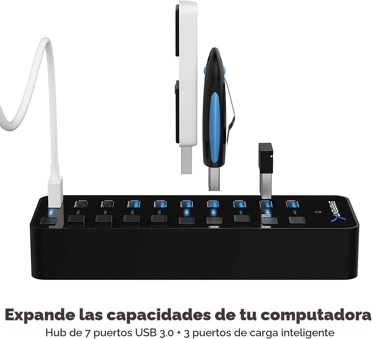 SABRENT, PS65B120Y5000S, hub USB 3.0 de 10 puertos, alimentado, adaptador 12V/5A