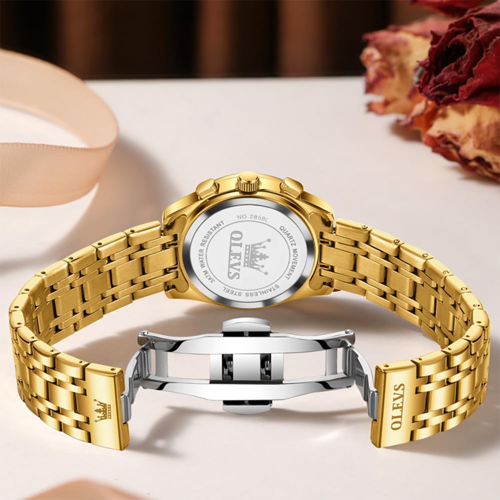 OLEVS Relojes para mujeres de negocios, con diamante, pulsera de acero inoxidable, fecha, impermeable, tono bicolor para mujer