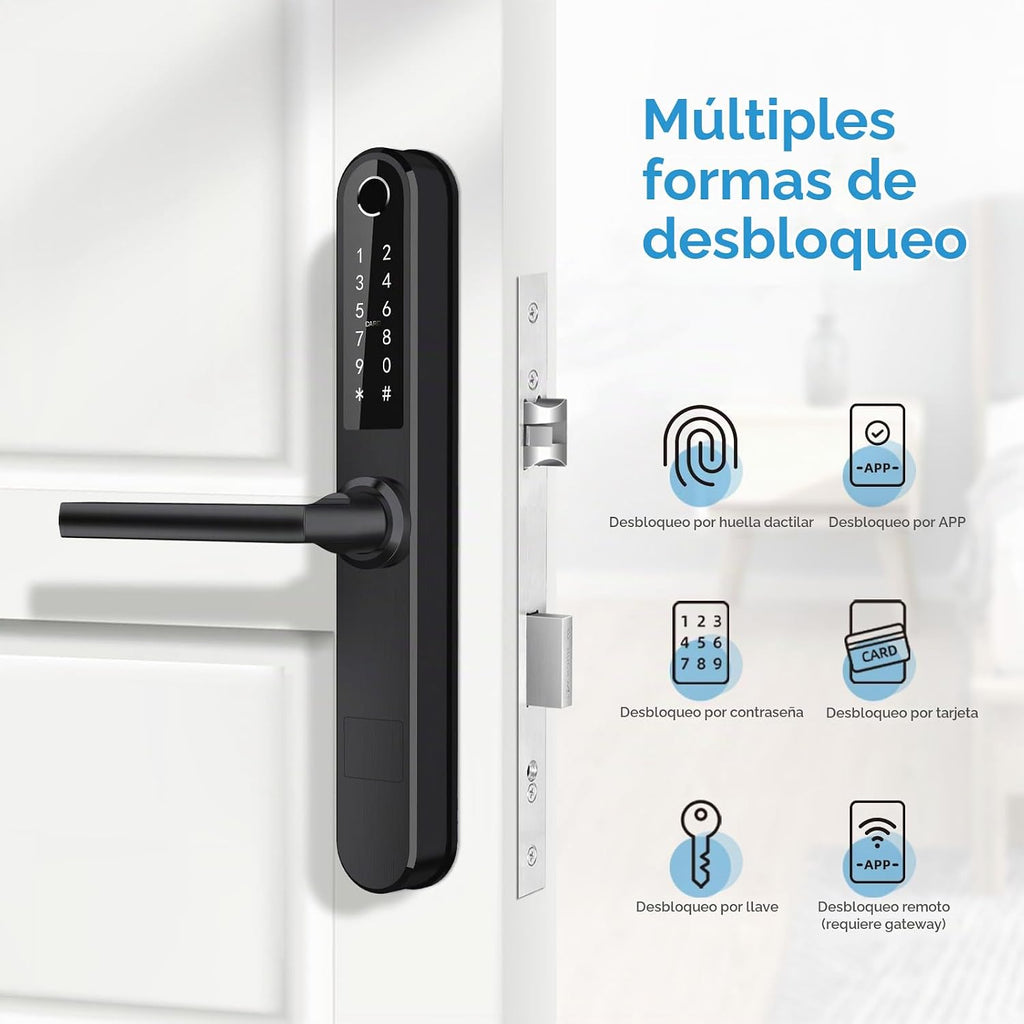 Luston Cerradura inteligente delgada para puerta delantera, de acero inoxidable, impermeable, cerradura de puerta de entrada sin llave, WiFi Bluetooth, teclado digital de huellas dactilares, cerradura de puerta abatible de aluminio con asa (negro)