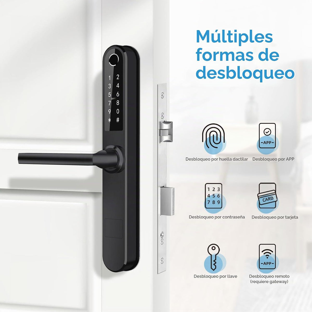 Luston Cerradura inteligente delgada para puerta delantera, de acero inoxidable, impermeable, cerradura de puerta de entrada sin llave, WiFi Bluetooth, teclado digital de huellas dactilares, cerradura de puerta abatible de aluminio con asa (negro)