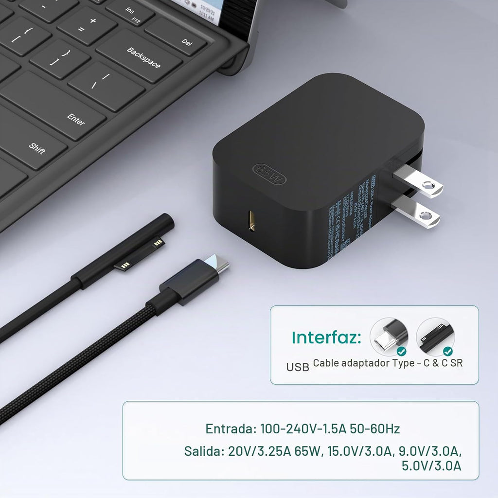 Nuevo cargador de superficie de 65 W con enchufe de CA plegable, compatible con cargador Surface Pro 13 11, 12, 10, 9, 8, 7+, 7, 6, 5, 4, 3, X, Surface Book3, 2, 1, laptop y tableta, compatible con