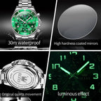 OLEVS Reloj de caballero lujo cronógrafo acero inoxidable pulsera vestimenta impermeable reloj analógico de cuarzo gran esfera luminosa