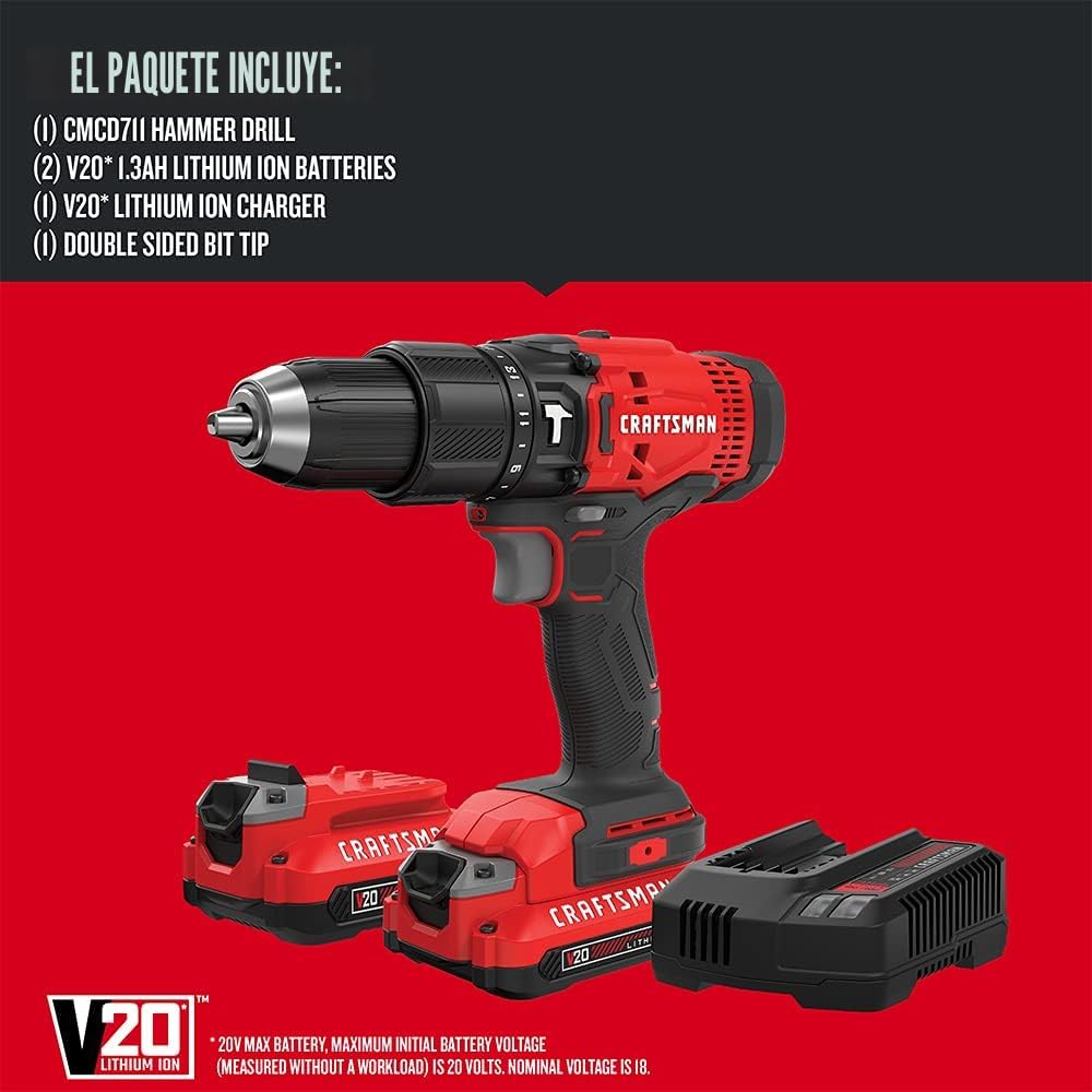 CRAFTSMAN V20 Kit de taladro de martillo inalámbrico, 1/2 pulgada, 2 baterías y cargador incluidos (CMCD711C2)