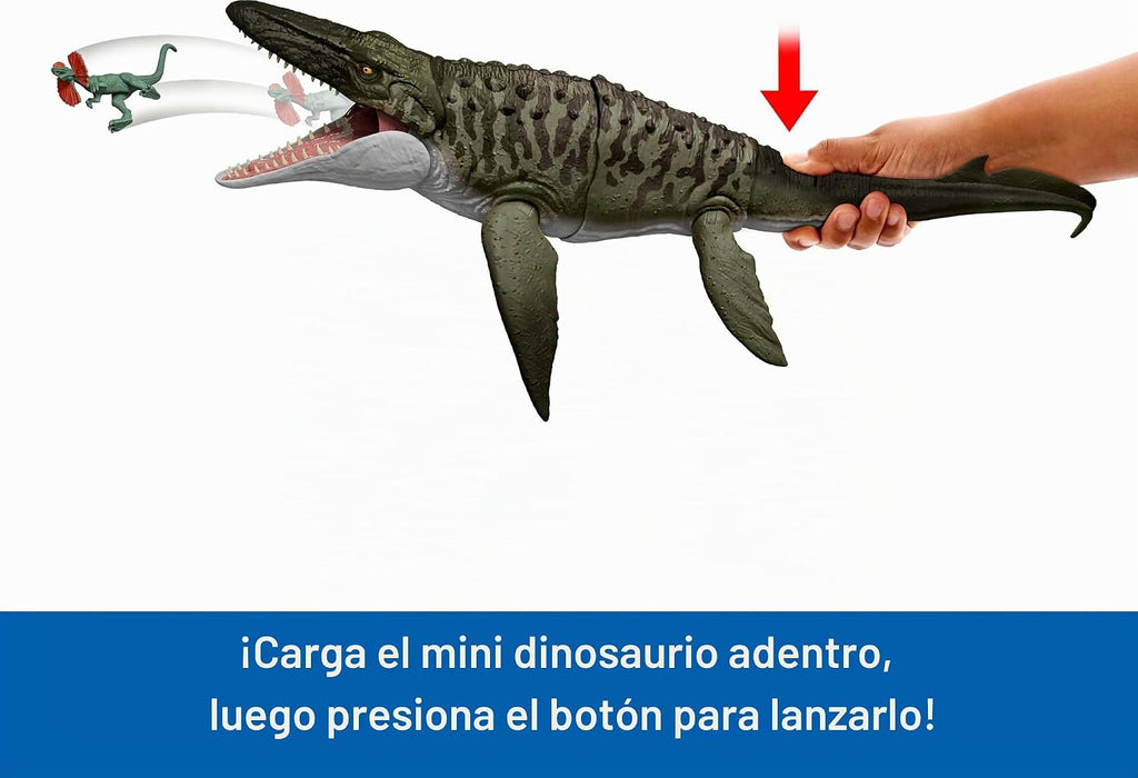 Mattel Jurassic World Rebirth Bite N Blast Mosasaurus y mini dinosaurio