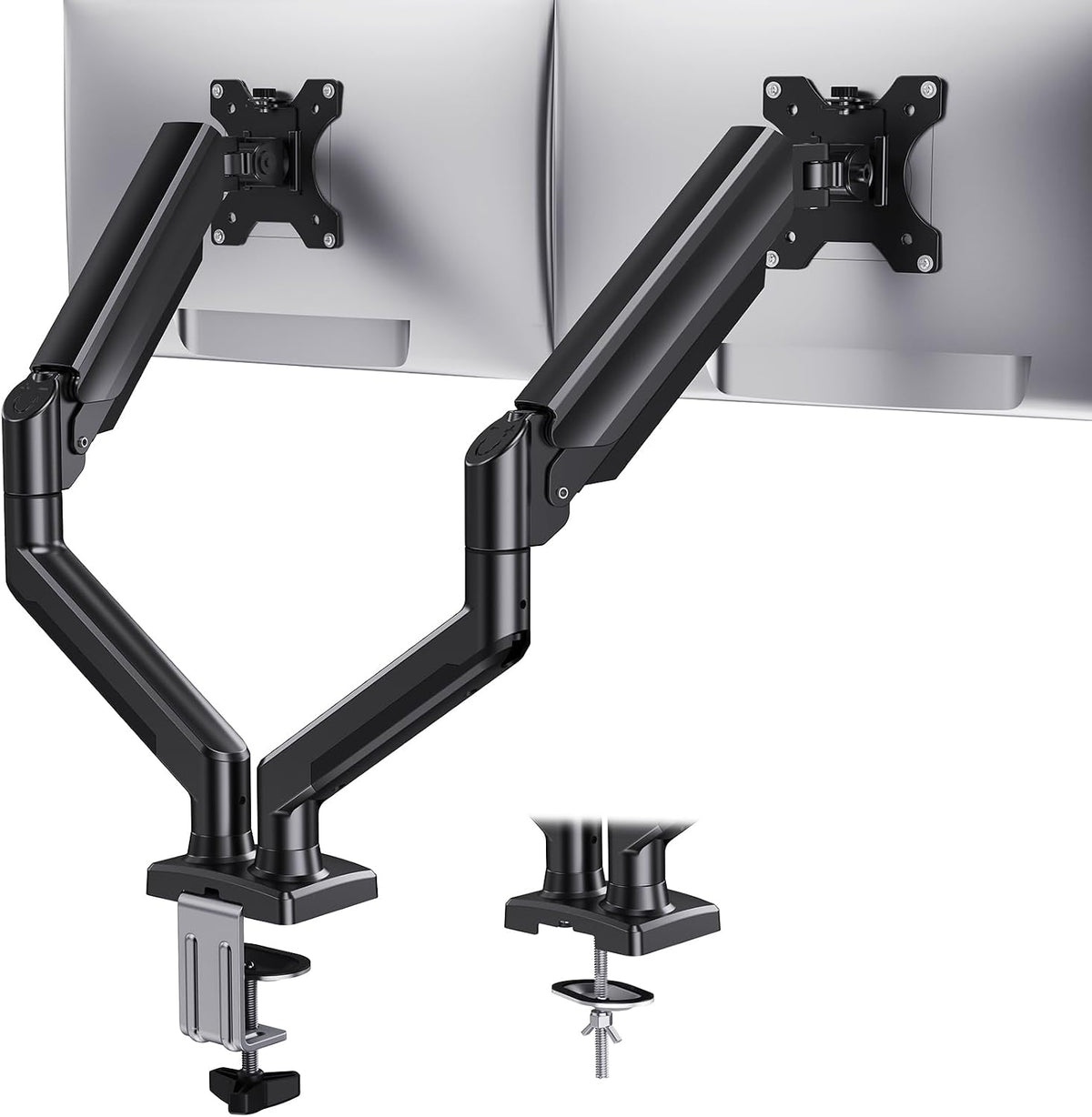 HUANUO Soporte de monitor doble para 2 monitores de hasta 32 pulgadas, cada brazo soporta un máximo de 22 libras, soporte de monitor doble con sistema avanzado, altura ajustable/inclinación/giro/rotación, VESA estándar 2.953 in o 3.937 in