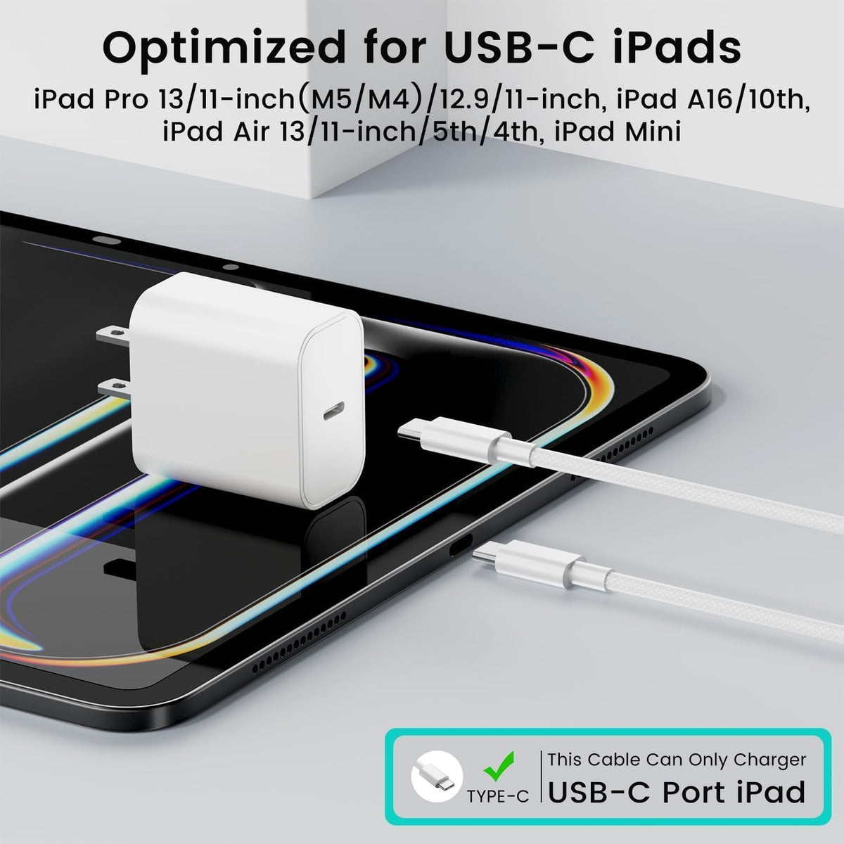 Paquete de 2 cargadores rápidos USB C para iPad Pro de 13/11/12.9 pulgadas, iPad A16/10ª generación, iPad Air de 13/11 pulgadas/5ª/4ª/Mini, cargador de iPad tipo C de 20 W de carga rápida con cable de