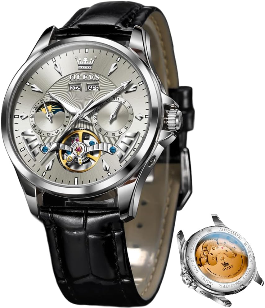 OLEVS - Relojes automáticos para hombre, multicalendario, con fase lunar, 3ATM impermeable, reloj de lujo clásico para negocios, de pulsera