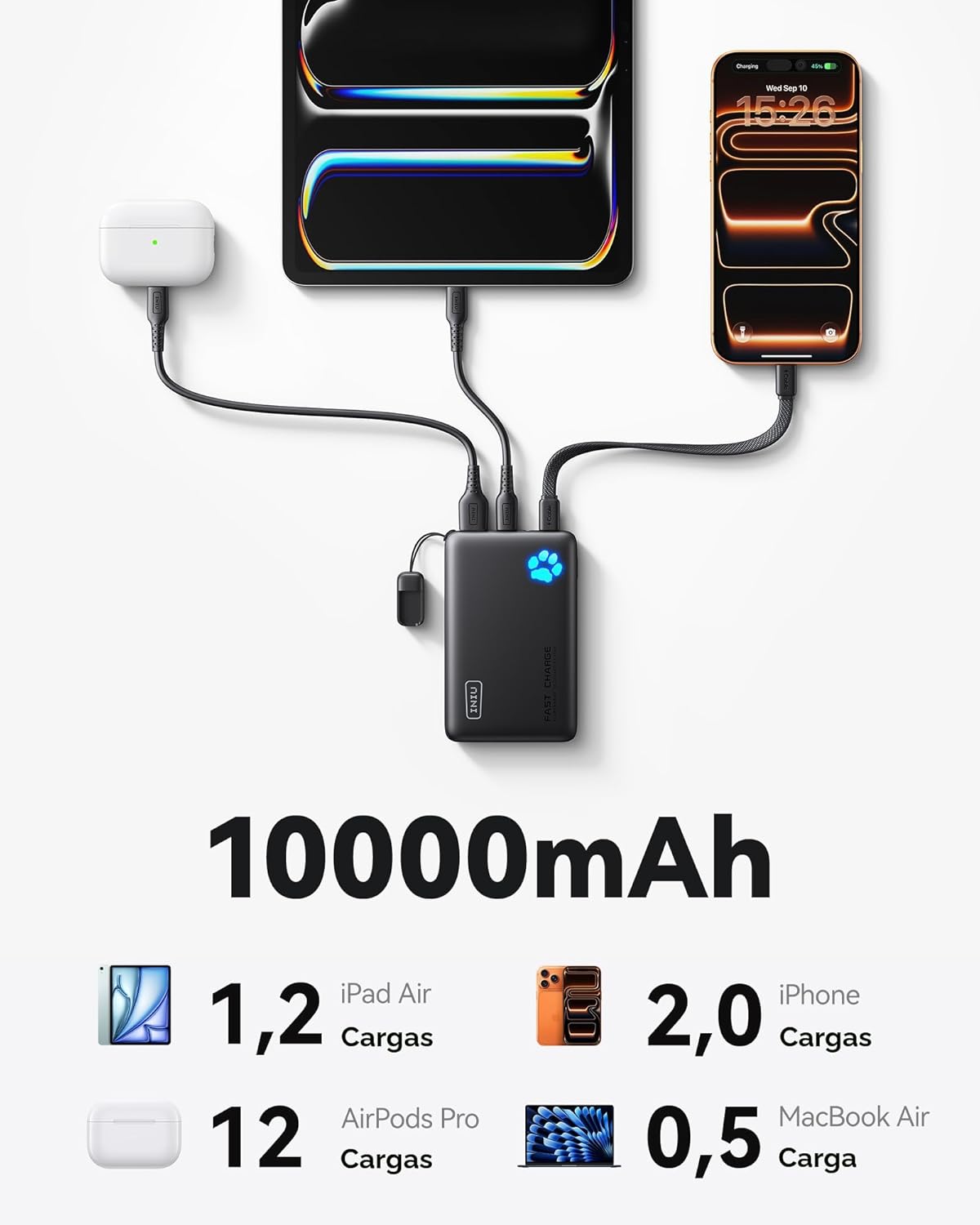 INIU Cargador portátil, ultra delgado de 45W de carga rápida con ca...