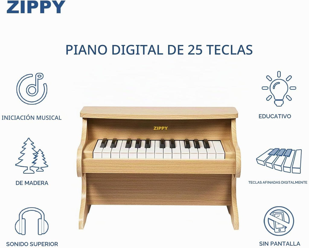 ZIPPY Teclado de piano para niños, piano digital de 25 teclas para niños, mini instrumento educativo musical, juguete de madera para niños y niñas (roble)