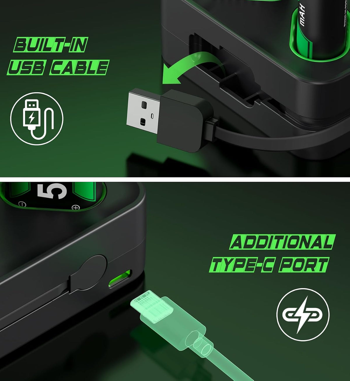 DINOSTRIKE Paquete de baterías recargables y estación de carga para Xbox Series X|S, controladores Xbox One - Incluye 4 paquetes de baterías para Xbox con carga USB-A y USB-C