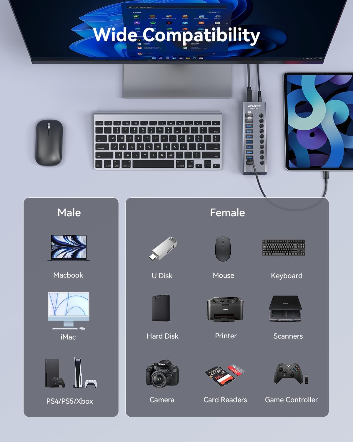 WENTER, hub USB 3.0 de 10 puertos, alimentado